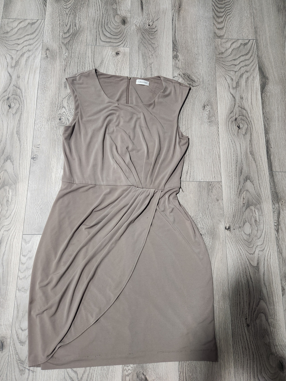 Calvin Klein Taupe Sleeveless Faux-Wrap Midi Dress
